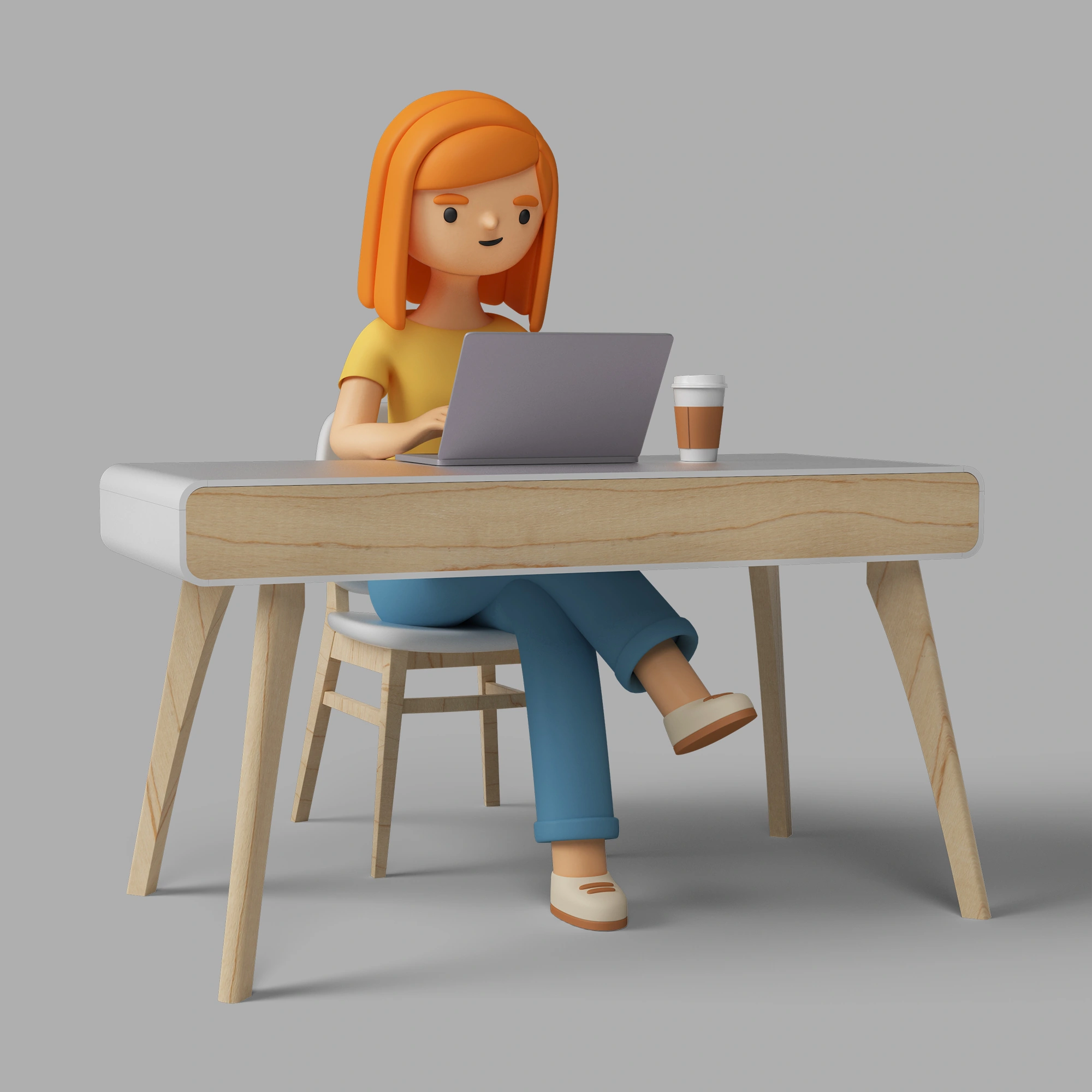 3D illustration of a female with orange hair, sitting at a desk and working on a computer.