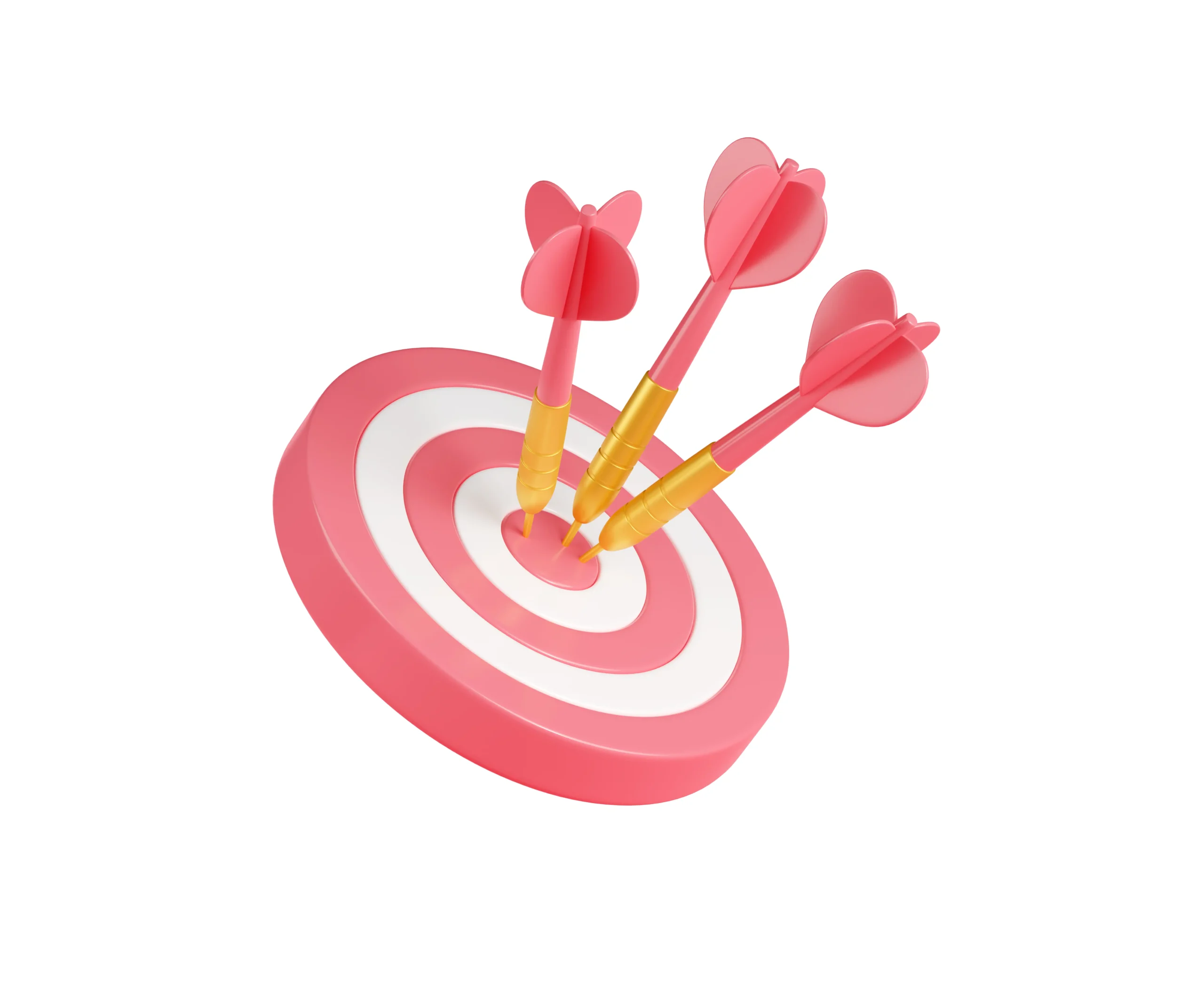 3D illustration of three pink darts precisely hitting the center of a pink and white concentric circle target against a white backdrop, representing accuracy and success.