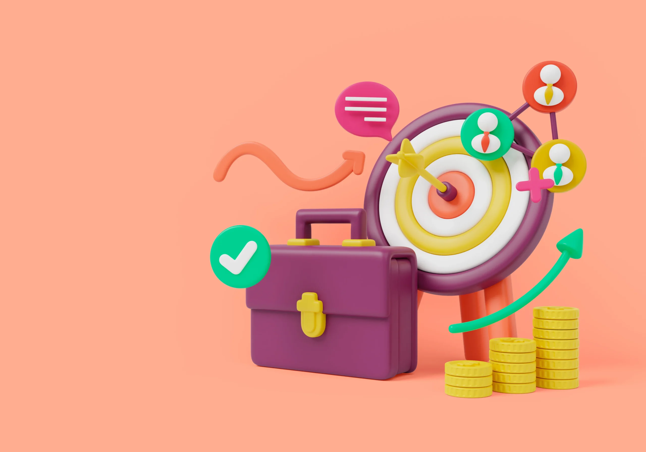 3D rendering of a purple briefcase with a green checkmark, a target with a bullseye and dart, stylized people icons, a chart with lines, and stacks of gold coins on a peach-colored background, illustrating business goals and achievement.