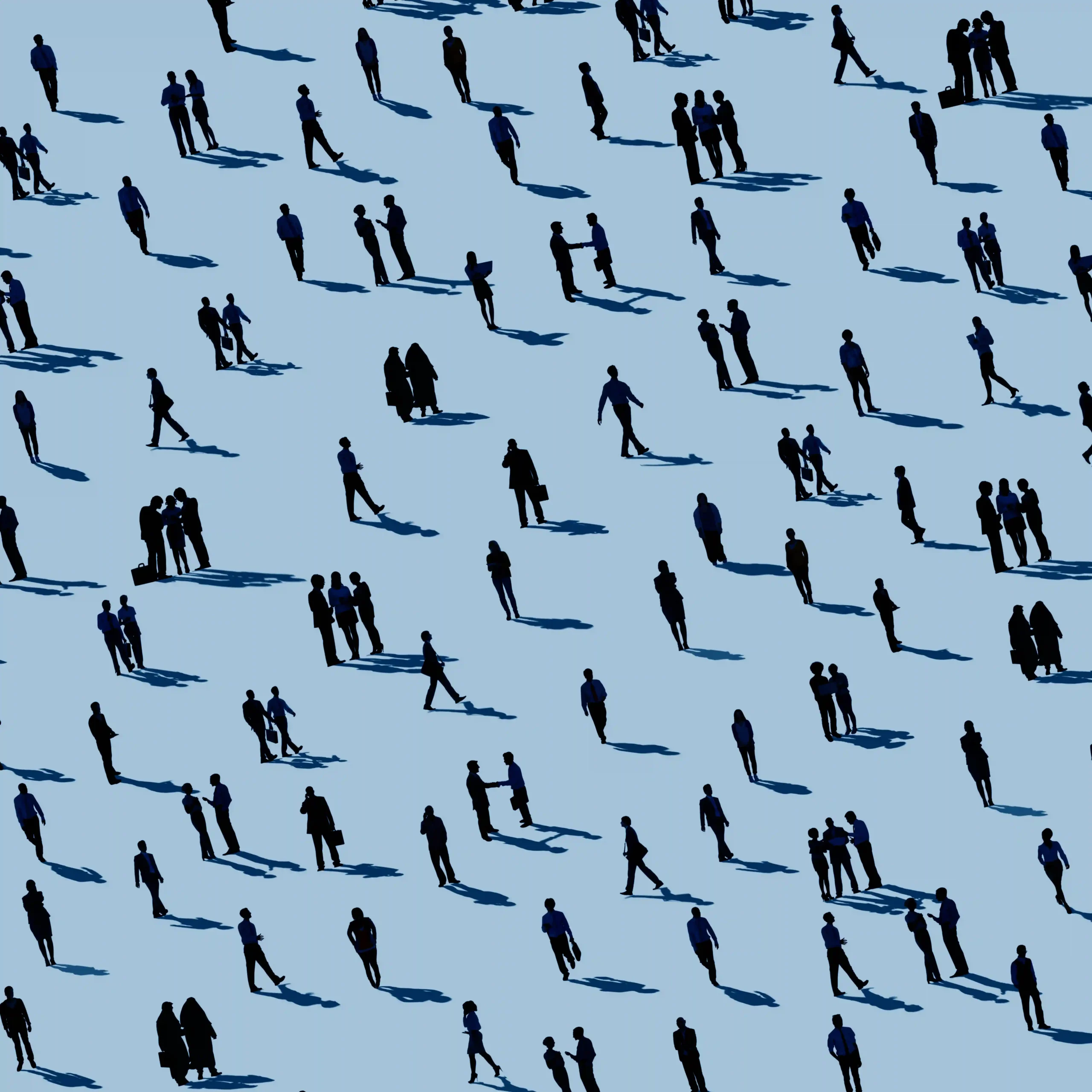 A digital illustration of diverse business people walking and interacting in small groups on a light blue background. Their dark silhouettes cast long, distinct shadows, creating a visually striking pattern. The figures are evenly spaced, engaging in various activities such as talking, shaking hands, and walking, conveying a sense of movement and connection.