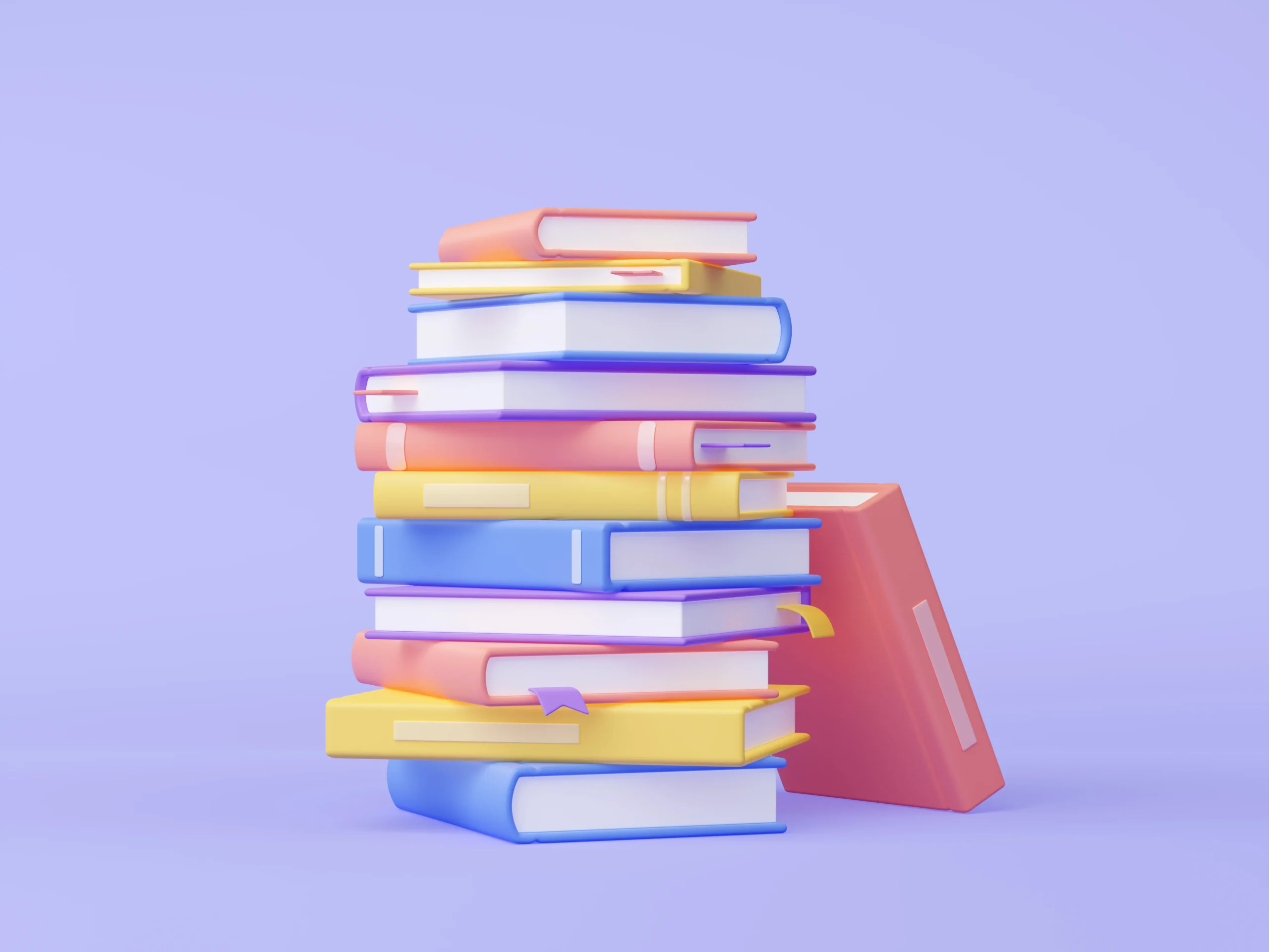 3D render of a pile of multi-coloured books on an isolated, purple background